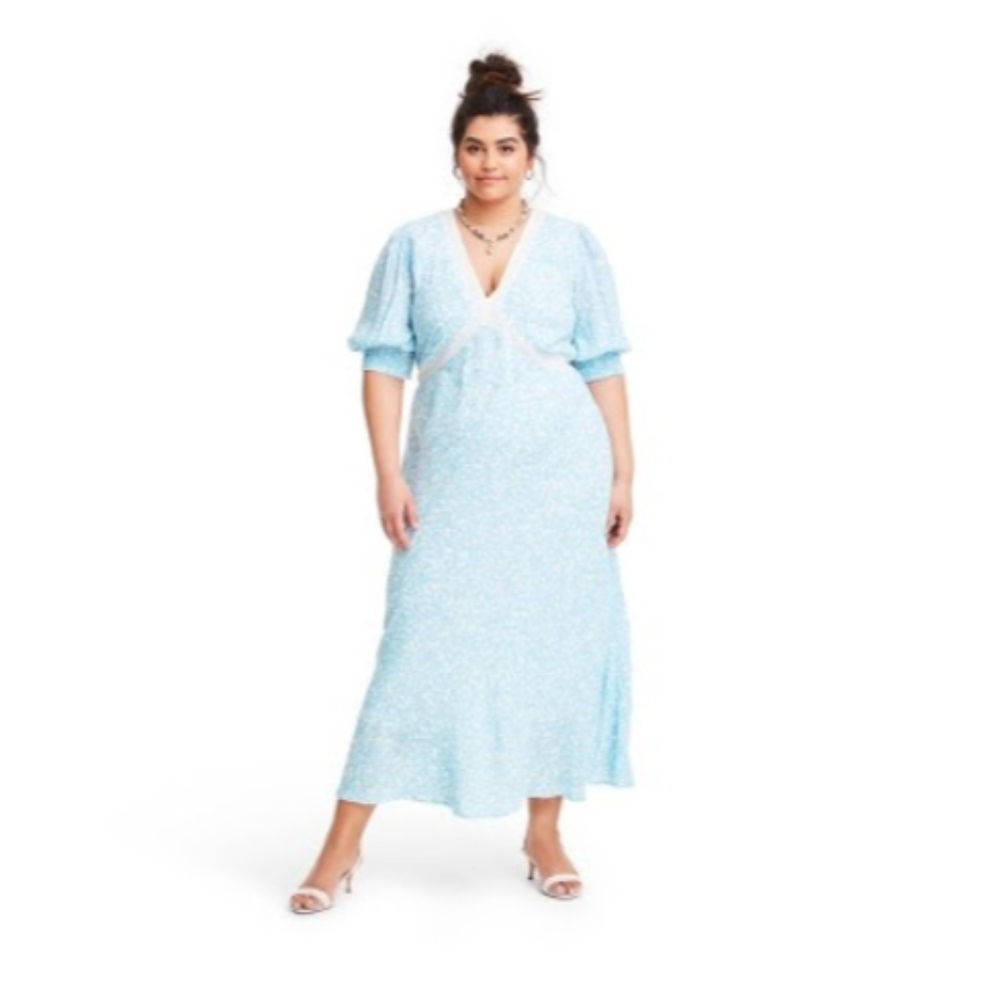 RIXO Blue Puff Sleeve V-Neck Sundress